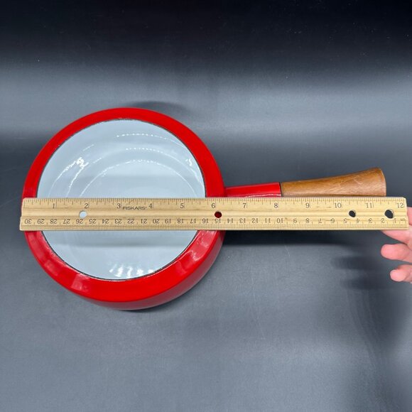 Vintage Fondue Pot Saucepan Dansk Kobenstyle Red Enamel Teak Wood No Lid - Picture 12 of 12